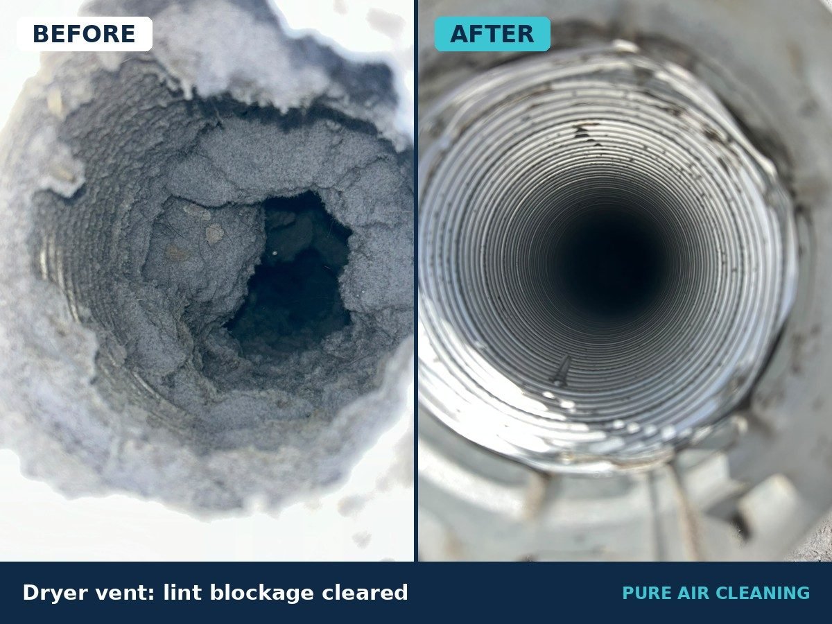 Before and after: dryer vent packed with lint, then cleared